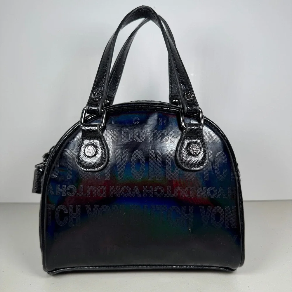 Von Dutch Mini Bowling Bag Black Onyx Reflective Holographic Y2K Satchel Handbag